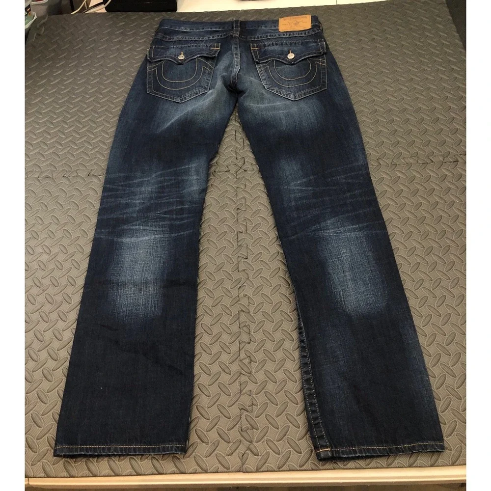 True‎ Religion Straight Jeans Mens 34 Dark Wash Faded Denim World Tour
